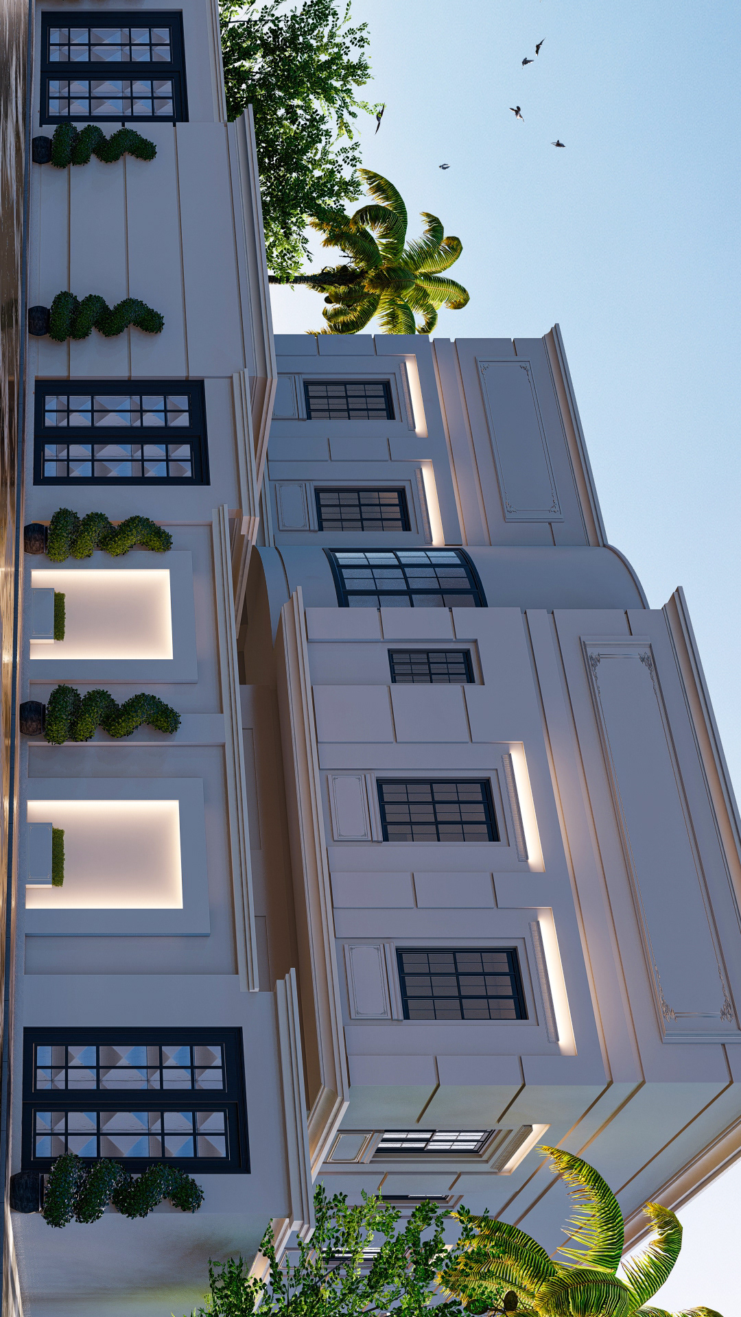 Classic villa facade, day and night render