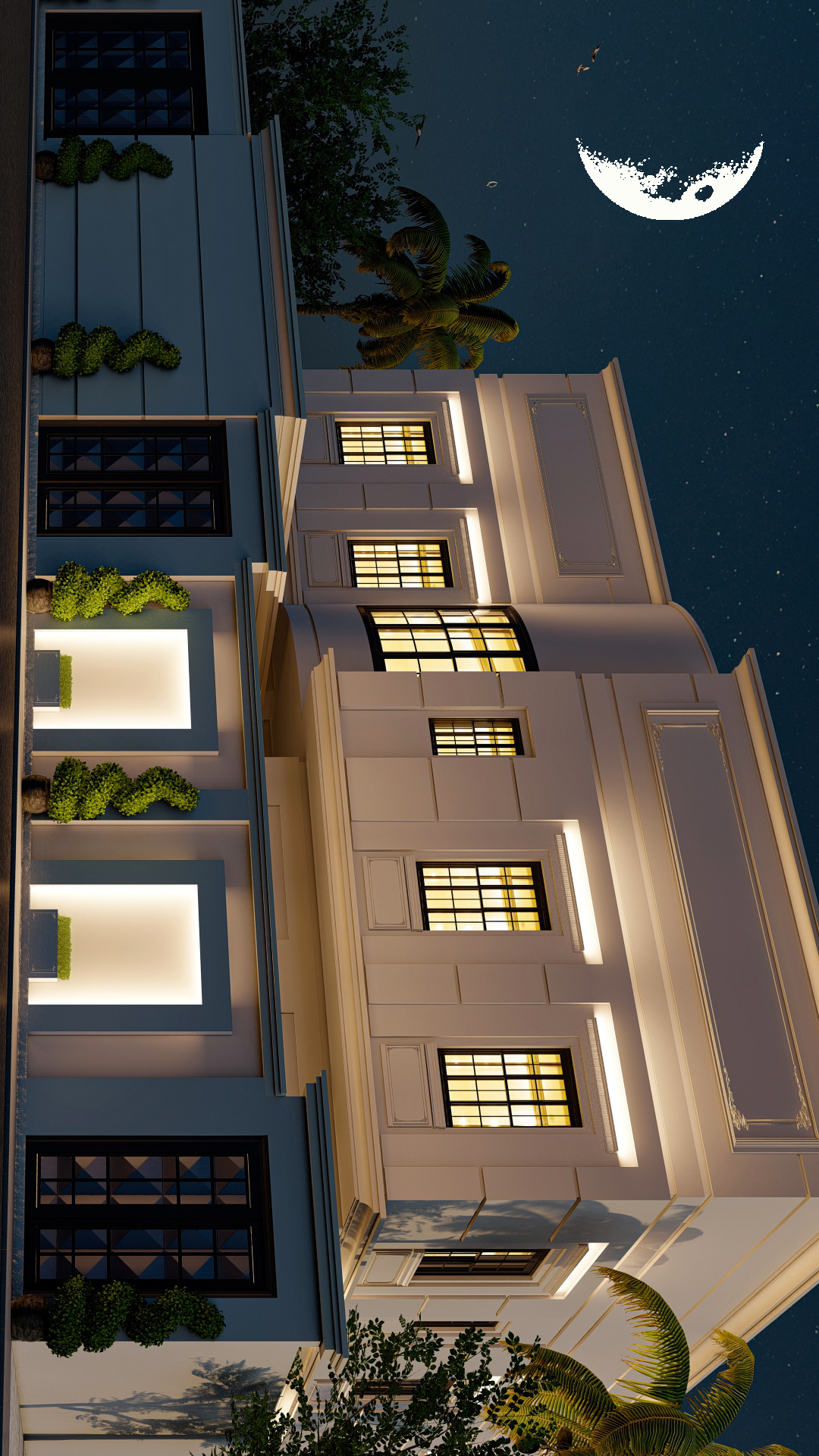 Classic villa facade, day and night render