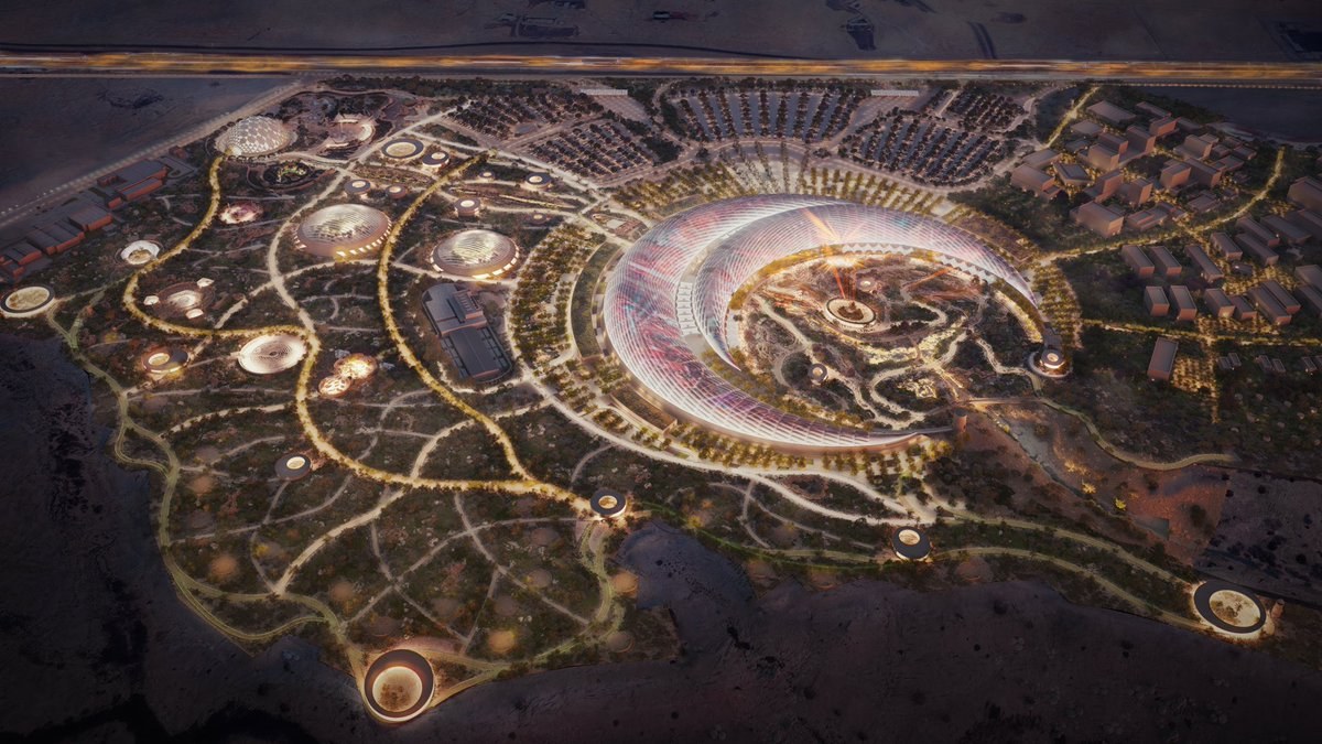 Aerial night view of the King Abdullah International Gardens masterplan
